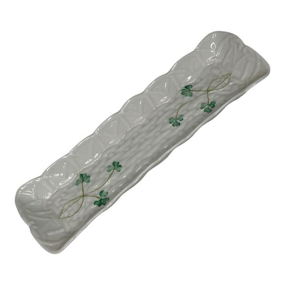 Belleek Ireland Mint Tray Dish Irish Shamrock Basketweave Porcelain - Picture 2 of 5